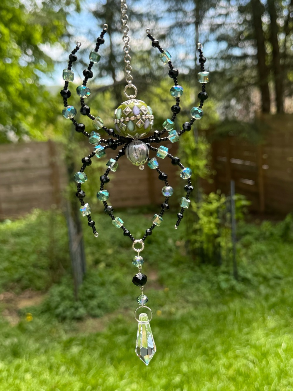 Super Sparkly Beaded *Blue Green* Spider Suncatcher Rainbow Maker Prism